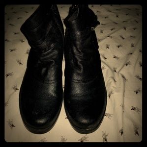 Black block heeled booties with side zipper